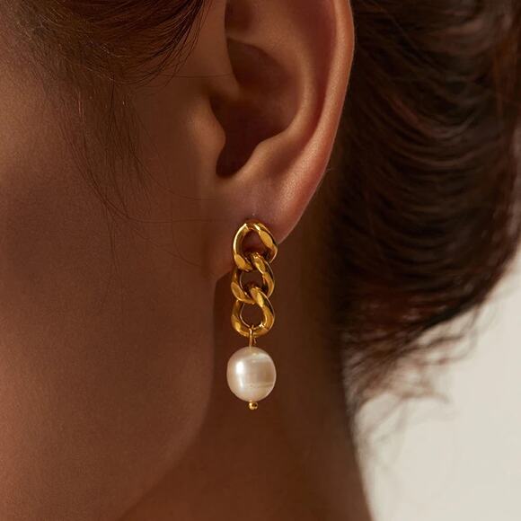 Baroque Freshwater Pearl Drop 18K Gold‎ Earrings Stainless Steel - Picture 4 of 13